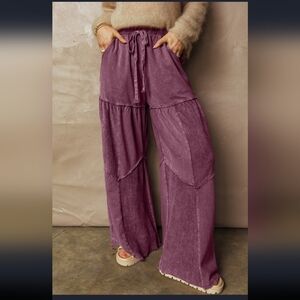 Boutique Purple Tiered Patchwork Wide-Leg Pants